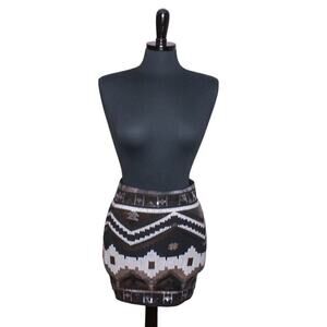 Express Mini Skirt Tribal Sequin Print Black White Silver Size XS